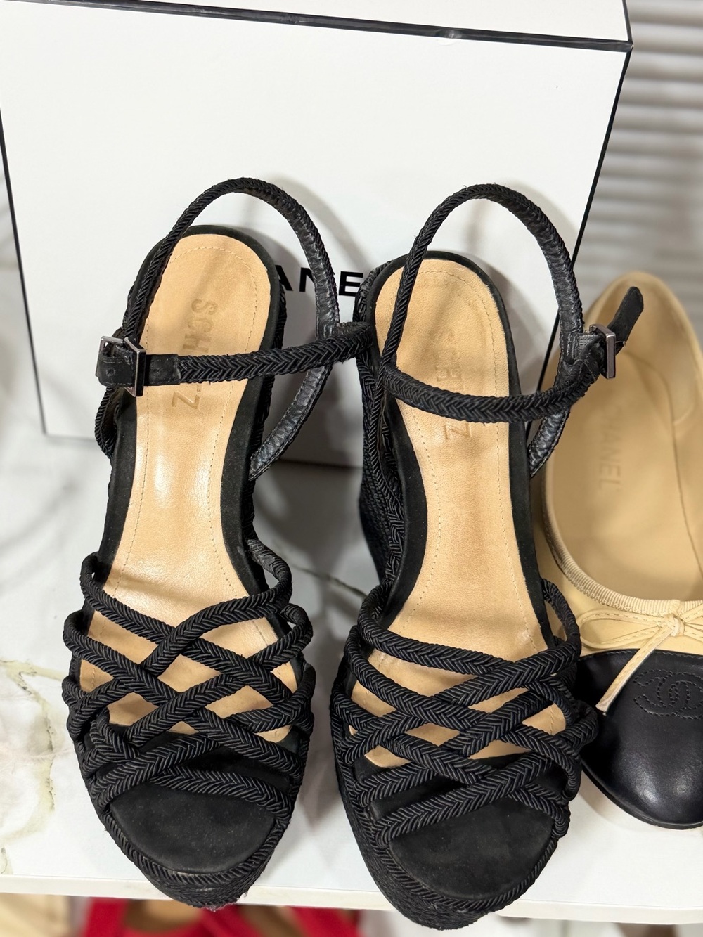 SCHUTZ Black Braided Rope-Strap Heeled Sandals